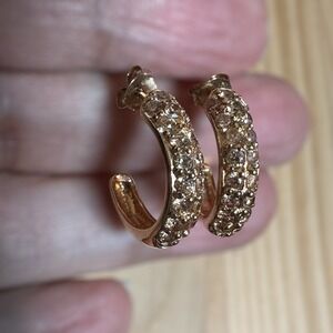 MWS Earrings Half Hoop 0.75" Pave Topaz Gem Yellow Gold Plated 925 Sterling 4.5g